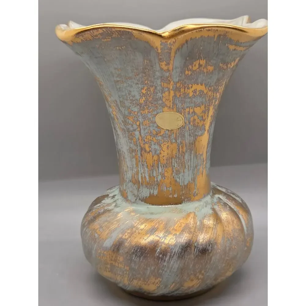 Vintage Stangl Pottery Vase Fluted Textured Aqua and brushed 22K gold overlay